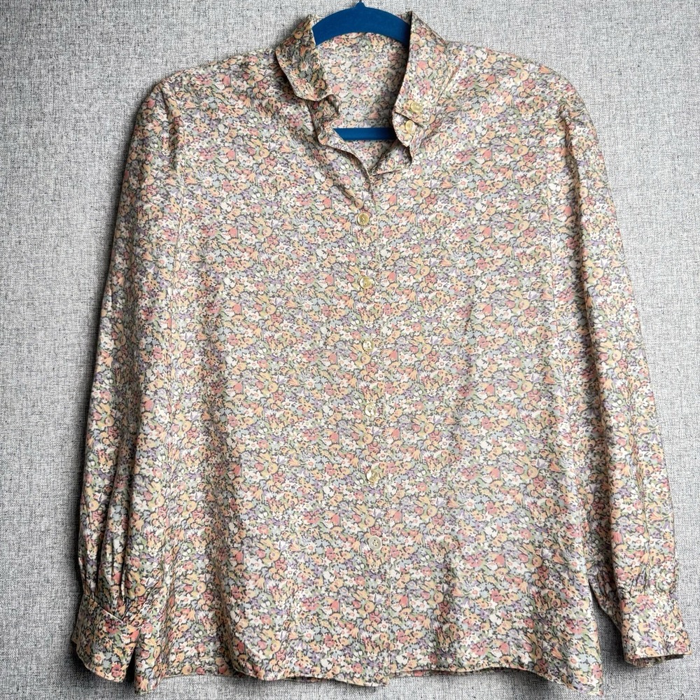 Vintage 70s/80s Ivory Pink Green Floral Handmade Button Down‎ Shirt S/MEDIUM